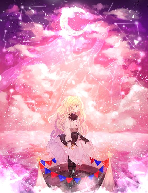 1girl, bad_id, bad_twitter_id, blonde_hair, clouds, constellation, crescent, crescent_moon