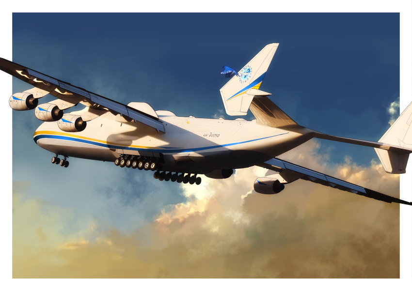aircraft, airplane, antonov_an-225, bird, blue_bird, clouds, commentary, english_commentary, highres, mixed-language_commentary, no_humans, real_life, sky, timmyyen