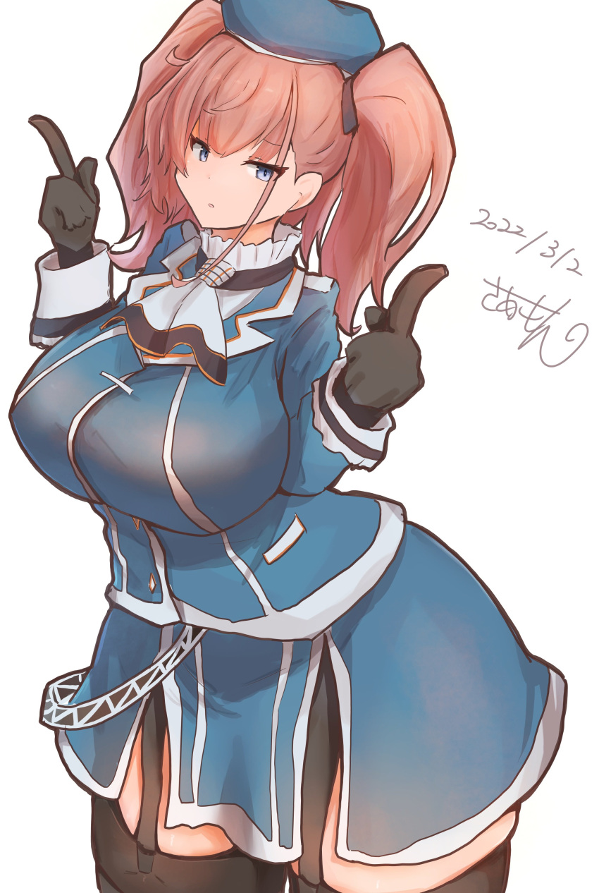 1girl, absurdres, atlanta_(kancolle), beret, black_gloves, black_legwear, blue_eyes, breasts, brown_hair, commentary_request, cosplay, dated, garter_straps, gloves, hat, highres, huge_breasts, kantai_collection, long_sleeves, saamon_(salmonkomaku), takao_(kancolle), takao_(kancolle)_(cosplay), thigh-highs, twintails