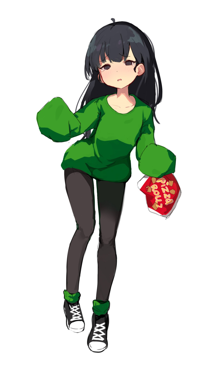 1girl, absurdres, black_eyes, black_footwear, black_hair, black_pants, cartoon_network, chocpocalypse, codename:_kids_next_door, food, full_body, green_sweater, highres, kuki_sanban, long_hair, long_sleeves, looking_at_viewer, open_mouth, oversized_clothes, pants, pizza_rolls, sad, shoes, solo, sweater, tears