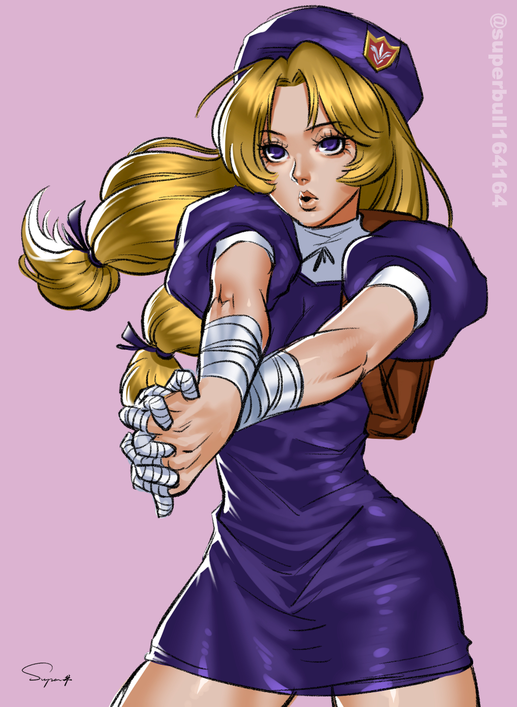 1girl, backpack, bag, bandaged_arm, bandages, beret, birthday, blonde_hair, dress, hat, highres, long_hair, own_hands_together, shijou_hinako, superbull164164, the_king_of_fighters