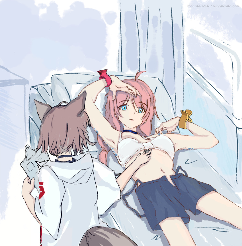 arknights, armpits, arms_up, blue_eyes, blue_poison_(arknights), doctor, doctorlover93, examination