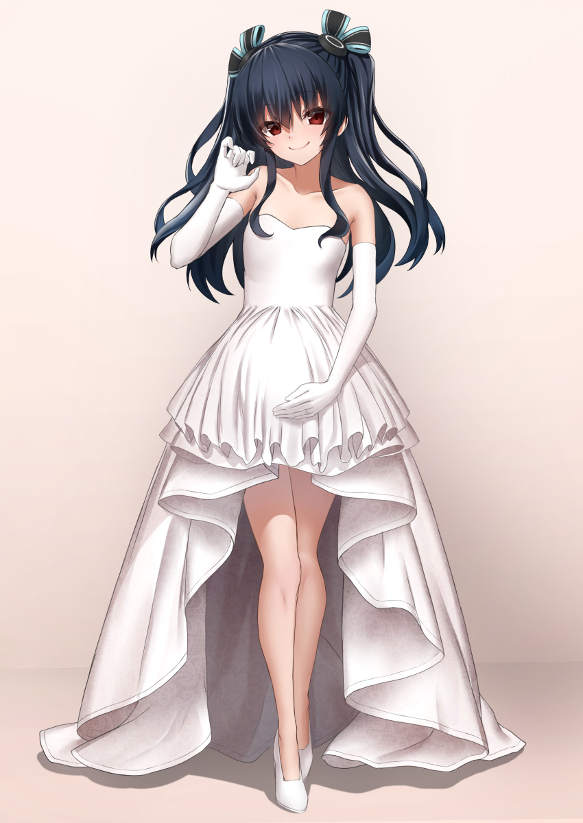 1girl, absurdres, alternate_costume, bare_shoulders, black_hair, blush, breasts, dress, elbow_gloves, full_body, gloves, hair_ribbon, highres, looking_at_viewer, mogurii, neptune_(series), pregnant, red_eyes, ribbon, small_breasts, smile, solo, two_side_up, uni_(neptune_series), wedding_dress, white_dress, white_gloves