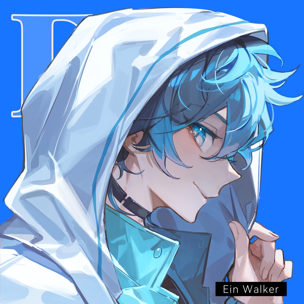 1boy, black_choker, blue_background, blue_eyes, blue_hair, blue_theme, character_name, chinese_commentary