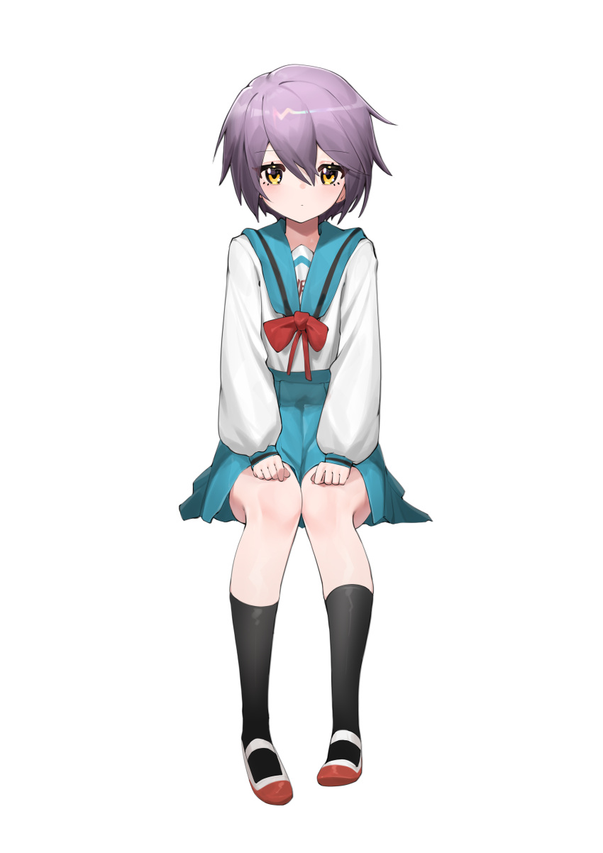 1girl, absurdres, bangs, black_legwear, blue_sailor_collar, blue_skirt, brown_eyes, closed_mouth, commentary, cool_est, expressionless, eyebrows_visible_through_hair, full_body, hair_between_eyes, hands_on_own_knees, highres, kita_high_school_uniform, kneehighs, long_sleeves, looking_at_viewer, nagato_yuki, purple_hair, red_ribbon, ribbon, sailor_collar, school_uniform, serafuku, shoes, short_hair, simple_background, sitting, skirt, solo, suzumiya_haruhi_no_yuuutsu, thighs, uwabaki, white_background, white_footwear