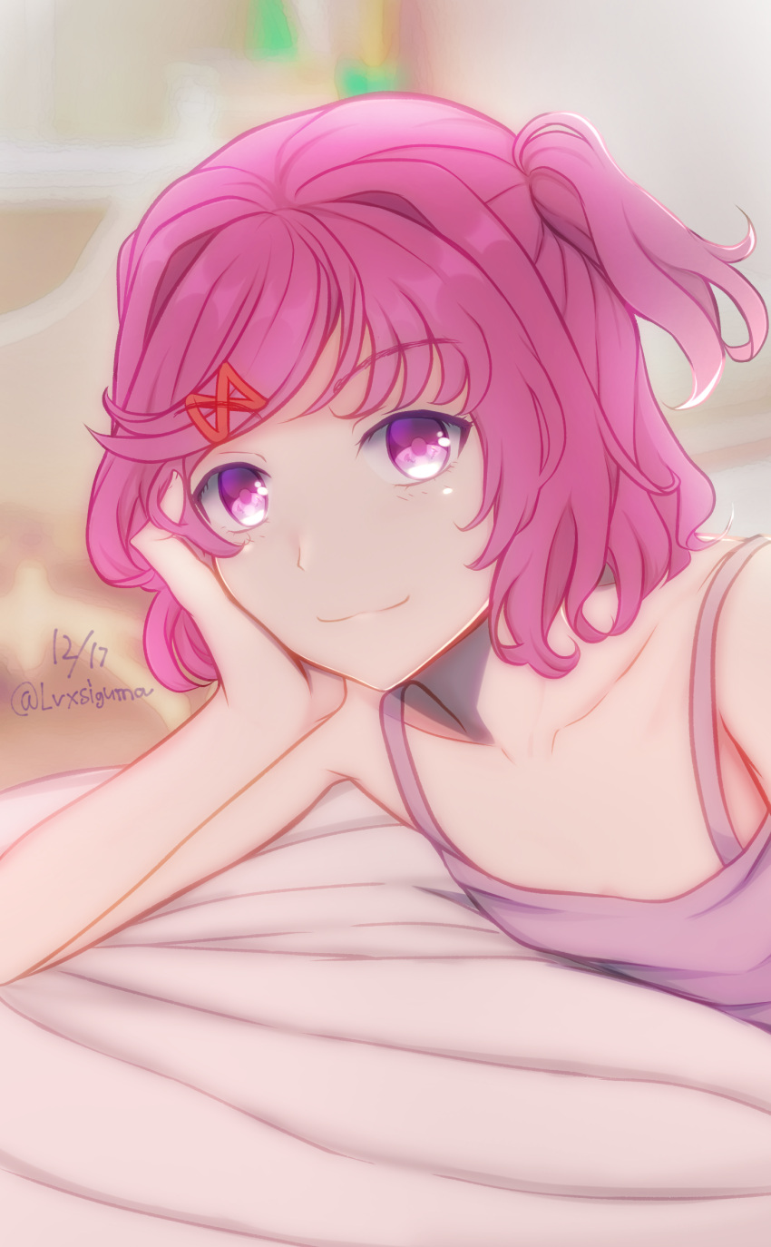 1girl, bed, bed_sheet, closed_mouth, doki_doki_literature_club, elbow_rest, hair_ornament, hairclip, hand_on_own_cheek, hand_on_own_face, head_on_hand, head_rest, highres, leguma, looking_at_viewer, natsuki_(doki_doki_literature_club), pink_eyes, pink_hair, pink_tank_top, short_hair, short_twintails, smile, solo, tank_top, twintails