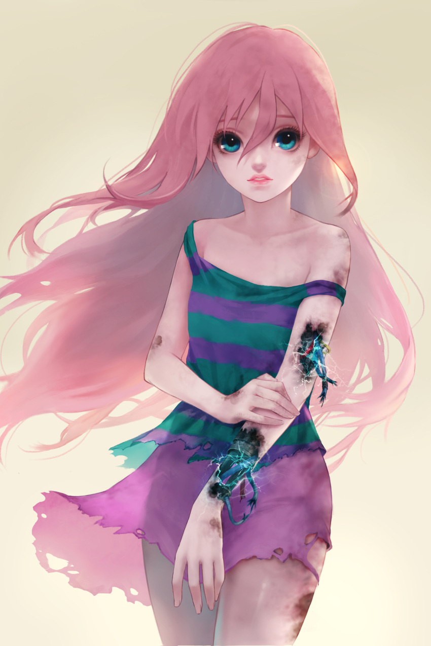 1girl, absurdres, android, aqua_eyes, bare_arms, bare_shoulders, blue_eyes, burnt