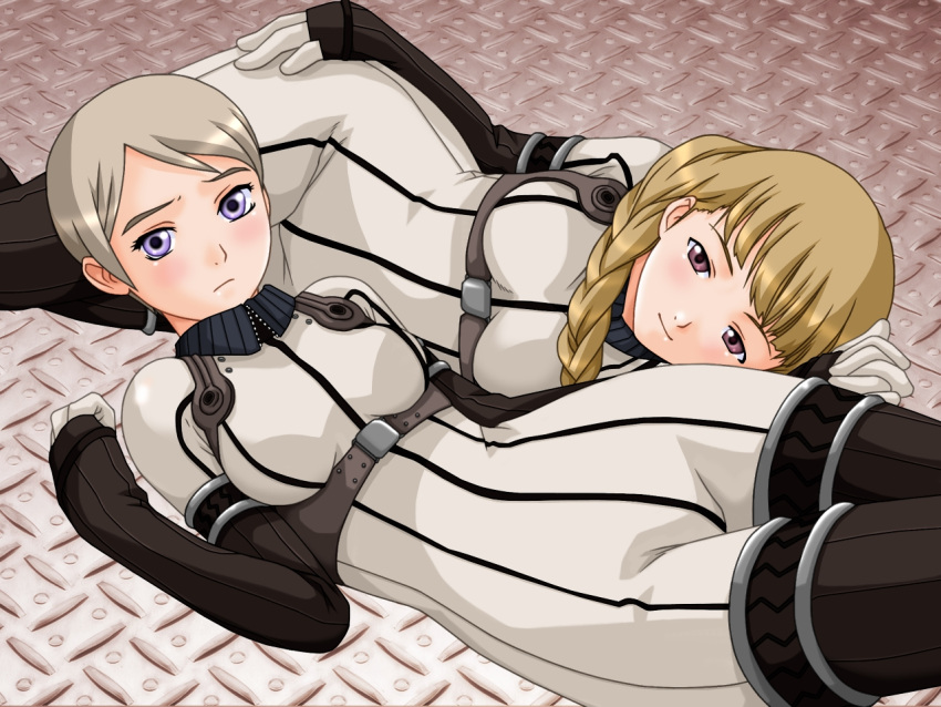alistia_agrew, blonde_hair, blue_eyes, bob_cut, buzzer, count_zero, last_exile, long_hair, pilot_suit, pilotsuit, red_eyes, short_hair, silver_hair, tatiana_vizla, tatiana_wisla, thighhighs, uniform