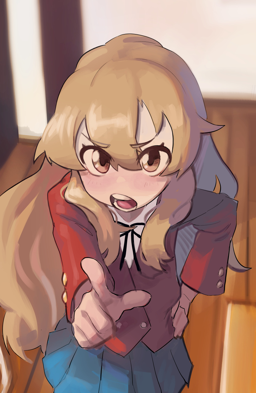 1girl, absurdres, aisaka_taiga, bangs, black_ribbon, blazer, blue_skirt, brown_hair
