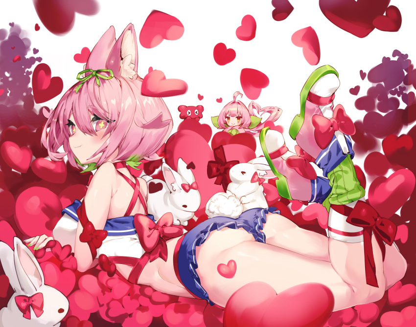 +_+, 1girl, animal_ear_fluff, animal_ears, ass, azuchi_momo, back, bangs, blue_shorts, blush, bow, breasts, closed_mouth, footwear_bow, full_body, green_hair, green_legwear, hair_between_eyes, heart, highres, karizini999, kneehighs, large_breasts, looking_at_viewer, looking_back, lying, micro_shorts, multicolored_hair, nijisanji, on_stomach, pink_eyes, pink_footwear, pink_hair, rabbit, rabbit_ears, rabbit_tail, red_bow, red_ribbon, ribbon, shirt, shoes, short_hair, shorts, solo, streaked_hair, tail, the_pose, virtual_youtuber, white_legwear, white_shirt