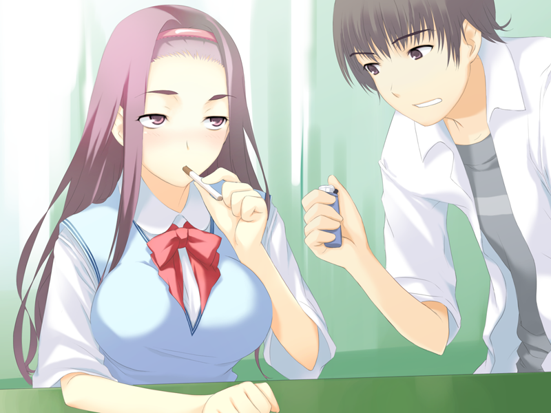 1boy, 1girl, black_hair, breasts, cigarette, game_cg, headband, kagami_kouhei