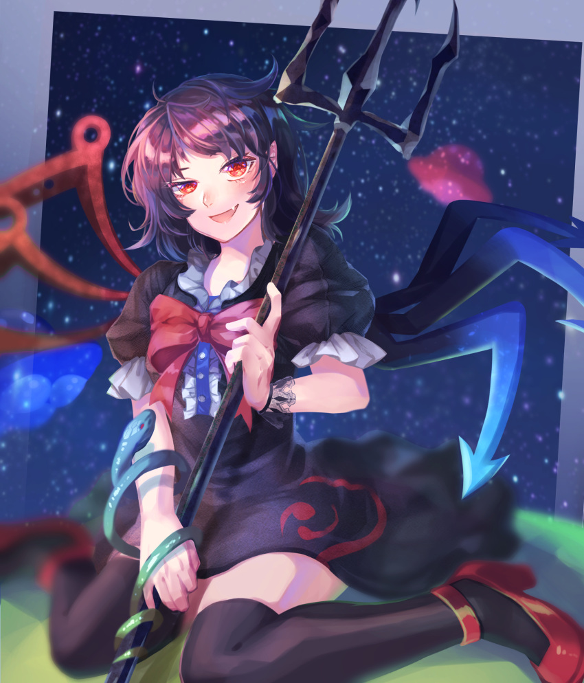 1girl, :d, asymmetrical_wings, bangs, beekan, black_dress, black_hair, black_legwear