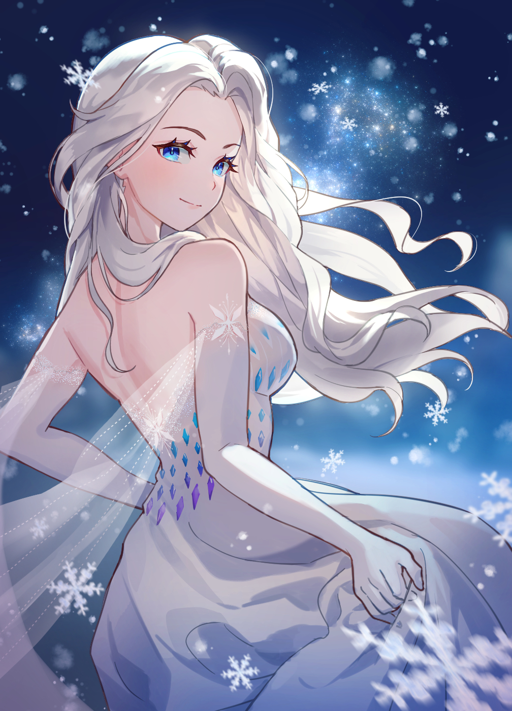 1girl, backless_dress, backless_outfit, blue_eyes, chibi_vanille, closed_mouth, commentary, cowboy_shot, detached_sleeves, dress, elsa_(frozen), eyelashes, floating_hair, forehead, from_behind, frozen_(disney), frozen_ii_(disney), gloves, hair_over_shoulder, highres, lifted_by_self, long_hair, looking_at_viewer, looking_back, smile, snowflakes, solo, sparkle, v-shaped_eyebrows, white_dress, white_gloves, white_hair