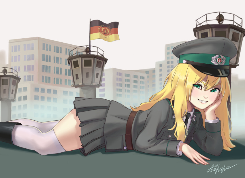 1girl, aqua_eyes, belt, berlin_wall, black_footwear, black_necktie, blonde_hair, boots