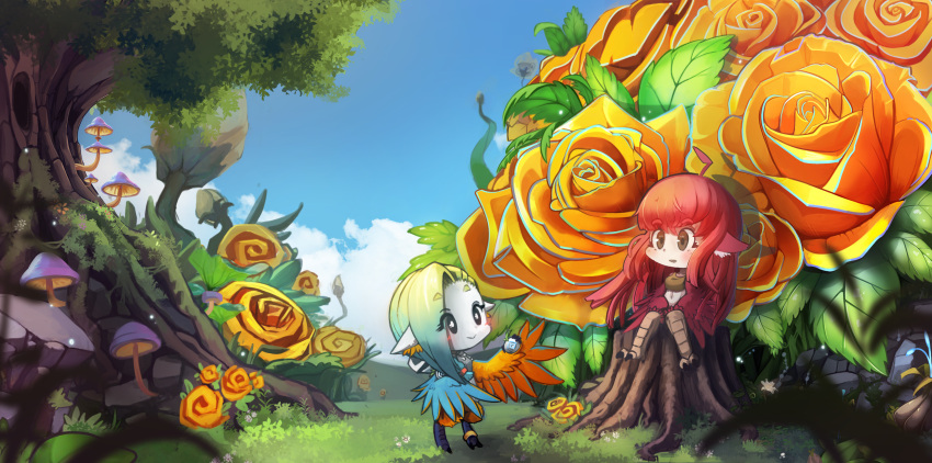 2girls, ahoge, animal, animal_ears, bangs, bird_ears, bird_legs, blue_feathers