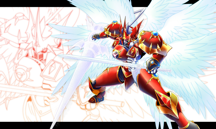 angel_wings, armor, black_border, border, commentary, digimon, digimon_(creature), dual_wielding, dukemon, dukemon_crimson_mode, feathered_wings, fighting_stance, full_body, gauntlets, gerukizoku, glowing, gold_trim, helmet, holding, holding_polearm, holding_sword, holding_weapon, large_wings, legs_apart, looking_at_viewer, mecha, polearm, pose, red_armor, solo_focus, standing, sword, weapon, wings, yellow_eyes