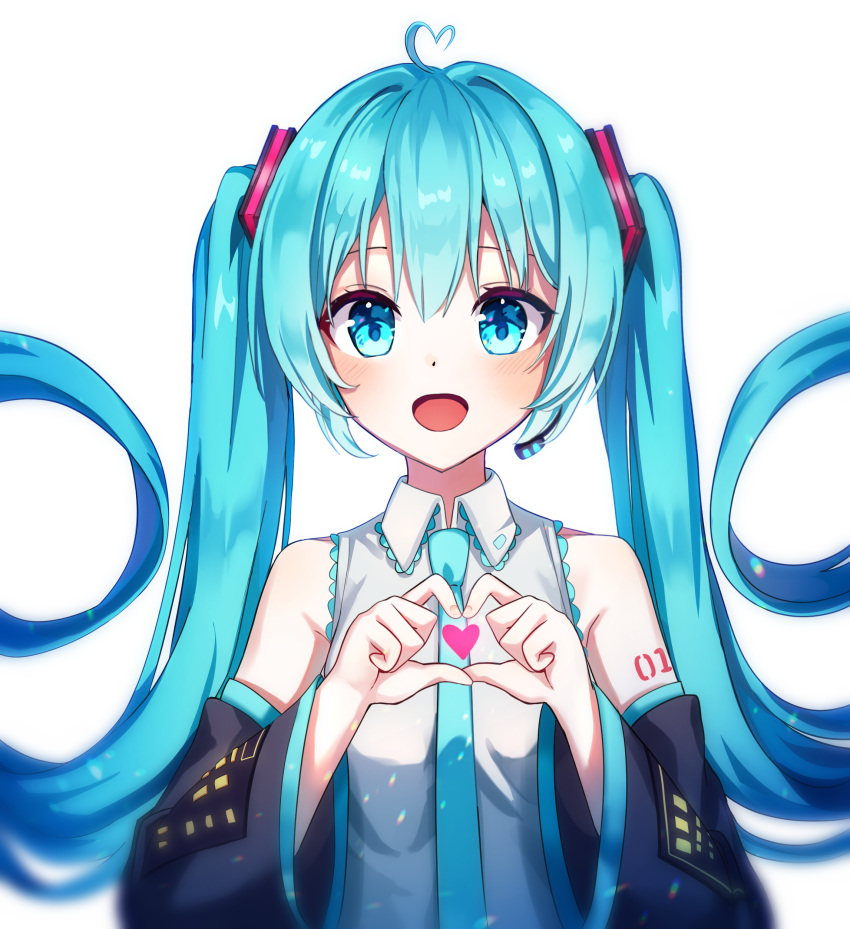 1girl, :d, absurdres, ahoge, bangs, black_sleeves, blue_eyes, blue_hair