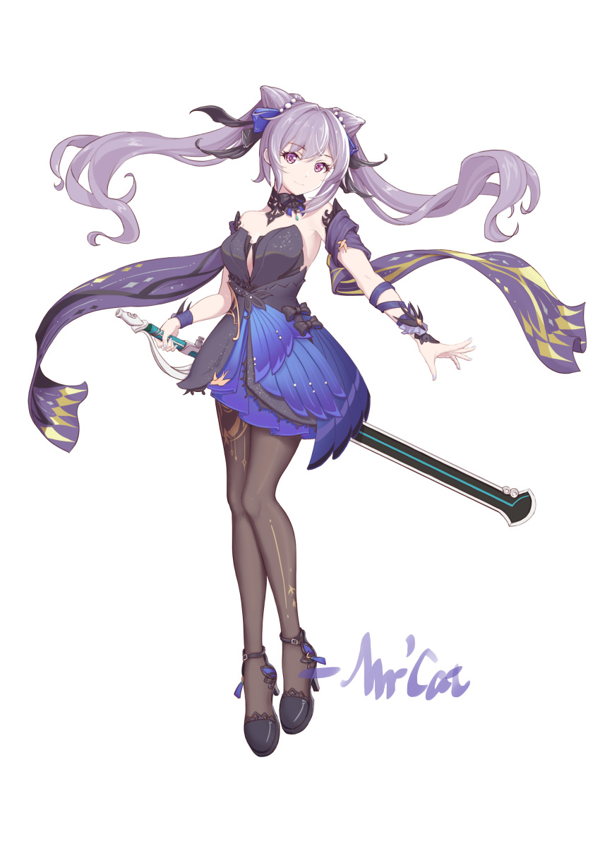 1girl, absurdres, arm_ribbon, bangs, black_legwear, blue_bow, bow, closed_mouth, eyebrows_visible_through_hair, floating_hair, full_body, genshin_impact, hair_between_eyes, hair_bow, hair_cones, highres, holding, holding_sword, holding_weapon, keqing_(genshin_impact), long_hair, looking_at_viewer, pantyhose, purple_hair, purple_ribbon, quietmrcat, ribbon, sash, simple_background, solo, standing, strapless, sword, twintails, very_long_hair, violet_eyes, weapon, white_background