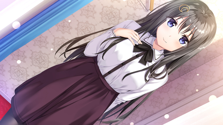 1girl, aikotoba, bangs, black_bow, black_hair, black_legwear, black_neckwear, blue_eyes