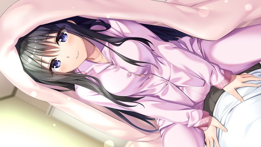 1boy, 1girl, aikotoba, bangs, black_hair, black_pants, blue_eyes, blurry