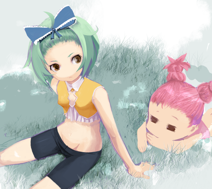 grass, koihime_musou, kyocho, looking_back, lowleg, lowleg_pants, lying, ma_(cama-nade), pants, shorts, sitting, ten'i, ten'i