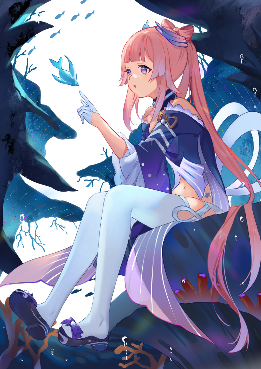 1girl, 446784331, absurdres, bangs, blunt_bangs, fish, fish_tail, frilled_sleeves, frills, full_body, genshin_impact, gloves, highres, navel, open_mouth, sangonomiya_kokomi, sitting, solo, tail, thigh-highs, underwater, violet_eyes, wide_sleeves