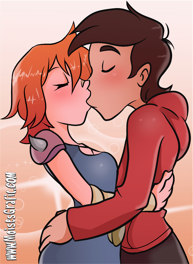 1boy, 1girl, brown_hair, couple, higgs, hug, kiss, marco_diaz