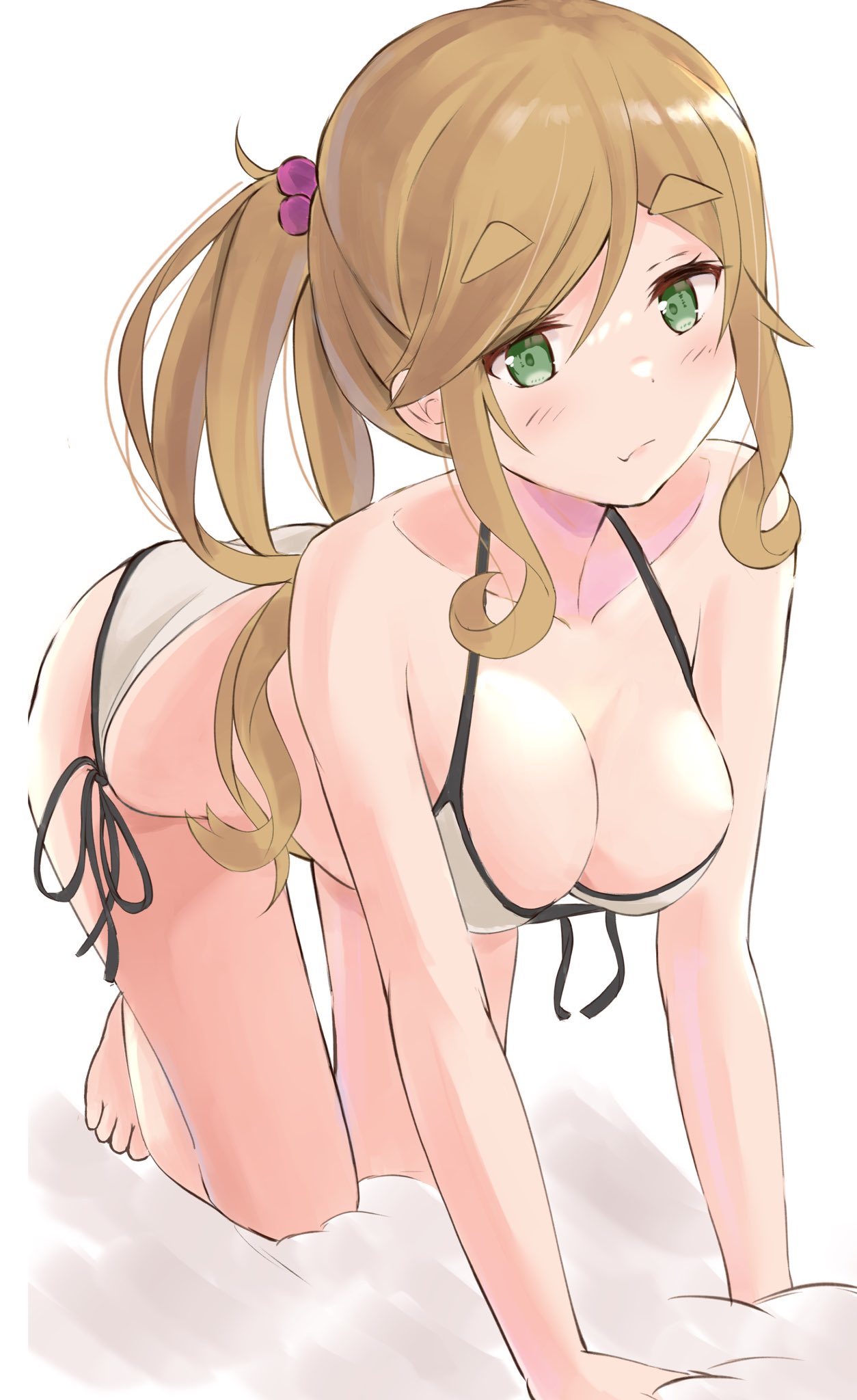 1girl, all_fours, ass, bangs, bikini, blonde_hair, breasts, closed_mouth