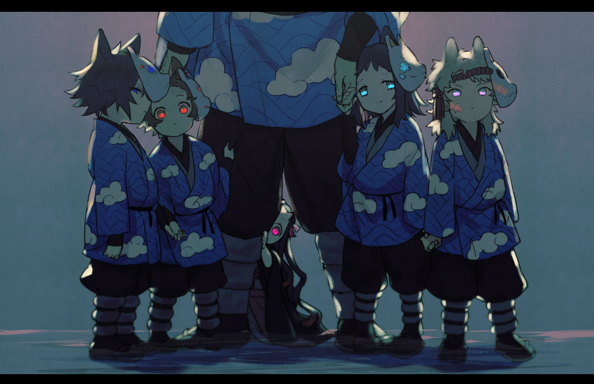 2girls, 4boys, absurdres, animal_ears, aqua_eyes, bangs, black_hair, black_legwear