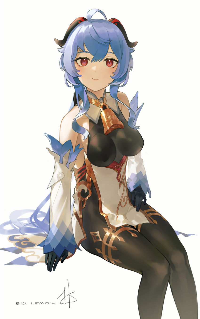 1girl, absurdres, ahoge, artist_name, bare_shoulders, bell, black_legwear, blush