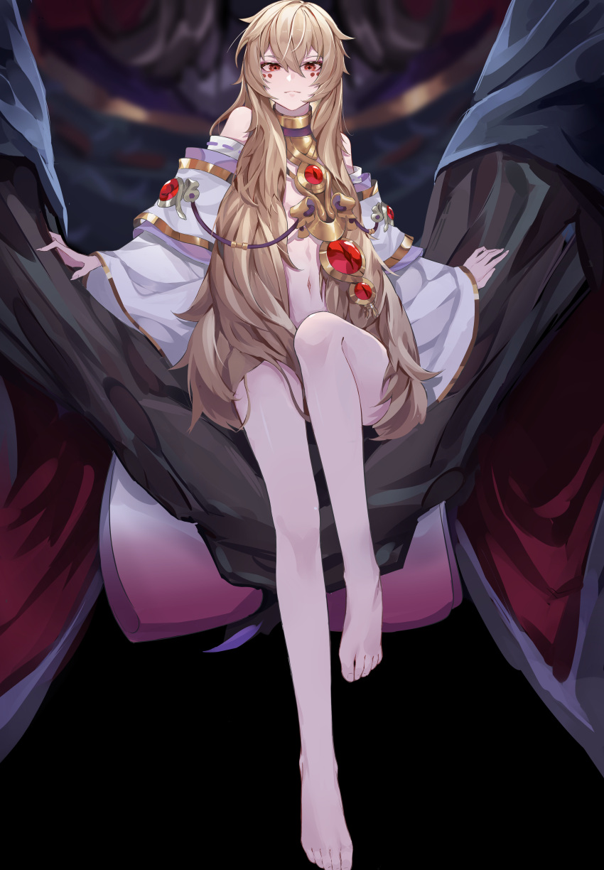 1boy, absurdres, androgynous, axescr, blonde_hair, detached_sleeves, facial_mark, full_body, highres, jewelry, long_hair, male_focus, midriff, navel, necklace, onmyoji, otoko_no_ko, pale_skin, prajna_(onmyoji), red_eyes, shirt, short_shorts, shorts, solo, vengeful_prajna, wavy_hair, white_shirt