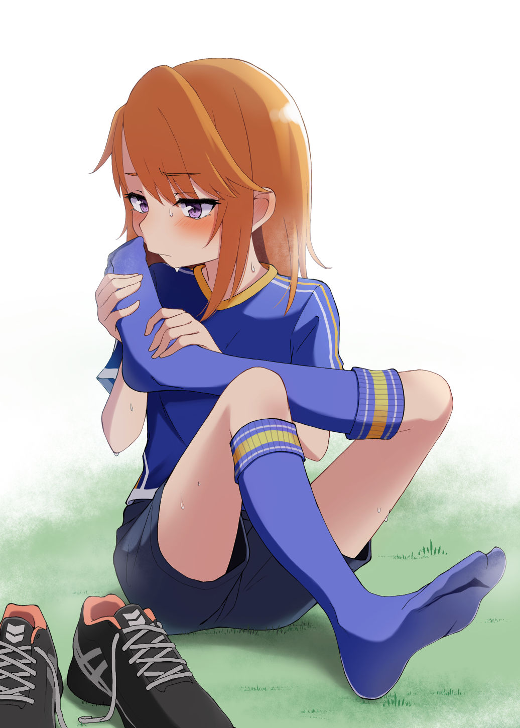 1girl, aketa_chika, blue_legwear, blush, grass, highres, idolmaster, idolmaster_cinderella_girls