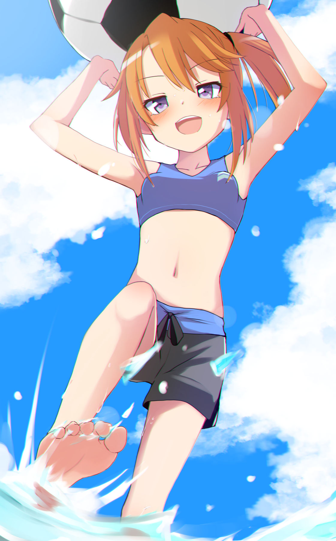 1girl, :d, aketa_chika, armpits, arms_up, ball, barefoot, beachball