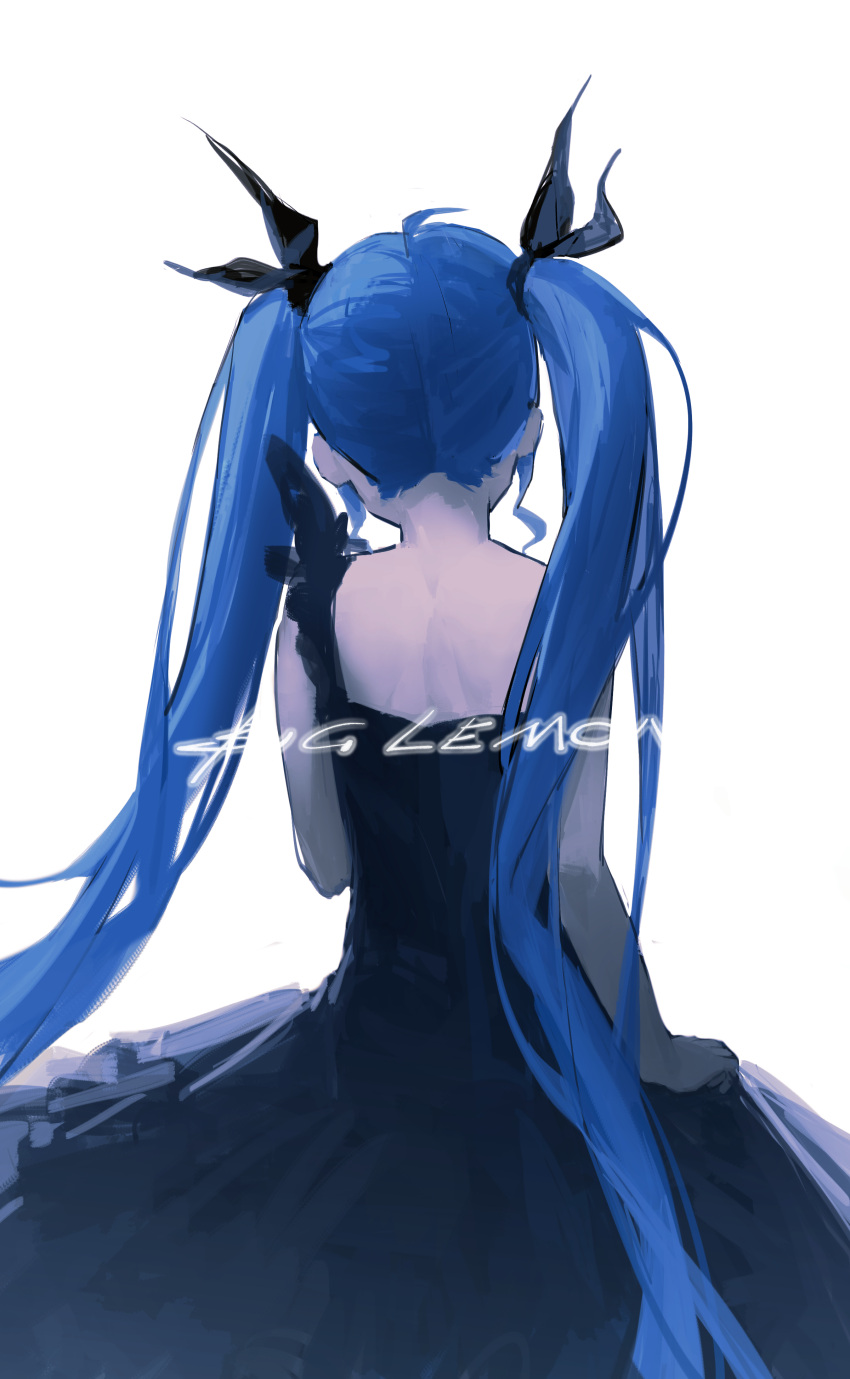 1girl, absurdres, bare_arms, black_dress, black_ribbon, blue_hair, chinese_commentary, commentary_request
