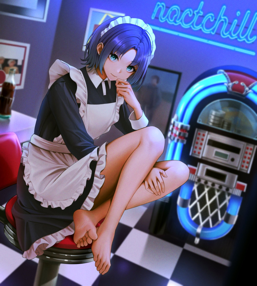 1girl, alternate_costume, asakura_tooru, bangs, bare_legs, barefoot, checkered_floor, dress