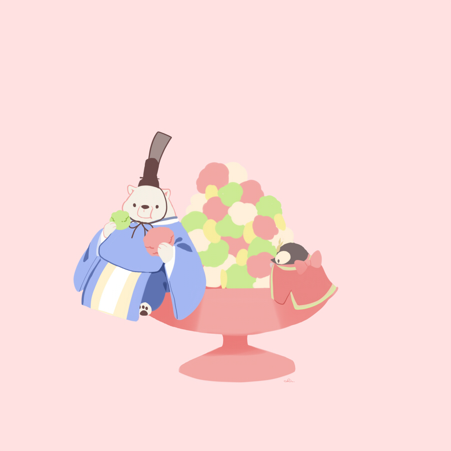 animal, bear, bird, bowl, chai_(drawingchisanne), commentary_request, eating, food, hat, hina_arare, hina_ningyou, hinamatsuri, holding, holding_food, japanese_clothes, kimono, layered_clothing, no_humans, original, penguin, polar_bear, signature, simple_background, tate_eboshi, undersized_animal