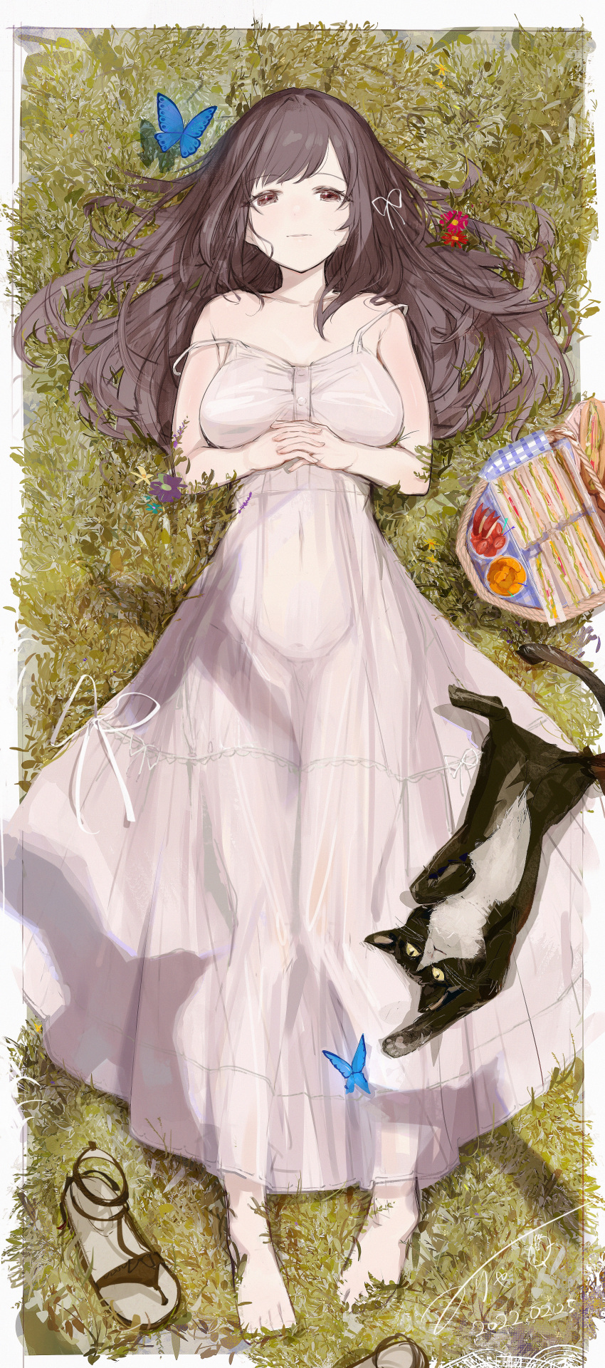 1girl, absurdres, bangs, bare_arms, bare_shoulders, barefoot, basket, blue_butterfly, border, breasts, breasts_apart, brown_eyes, brown_hair, bug, butterfly, cat, collarbone, covered_navel, dated, dress, eyebrows_visible_through_hair, eyelashes, fingers_together, flower, food, full_body, grass, hair_ribbon, highres, idolmaster, idolmaster_shiny_colors, interlocked_fingers, karya, large_breasts, long_hair, looking_at_viewer, lying, on_back, on_grass, outdoors, parted_lips, ribbon, sandals, sandals_removed, see-through, see-through_dress, shoes, shoes_removed, signature, sleeveless, sleeveless_dress, solo, spaghetti_strap, strap_slip, sundress, swept_bangs, thigh_gap, tsukioka_kogane, white_border, white_dress, white_ribbon