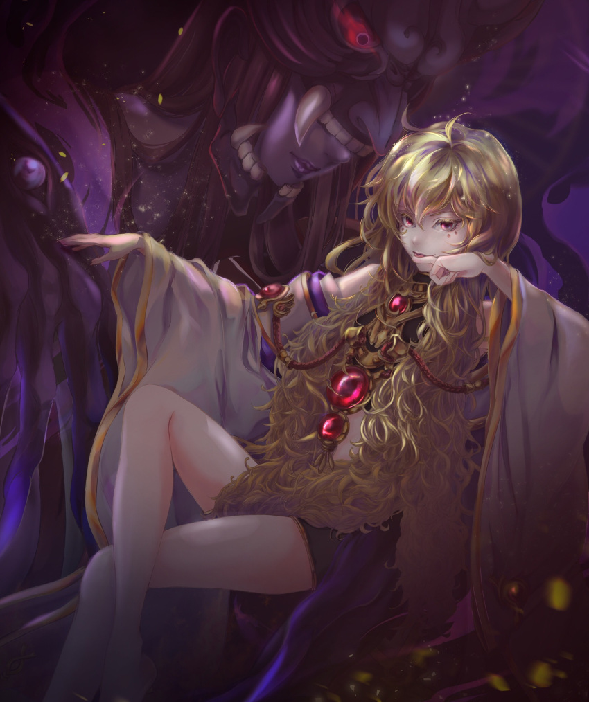 1boy, androgynous, blonde_hair, chibimameya, detached_sleeves, facial_mark, head_rest, highres