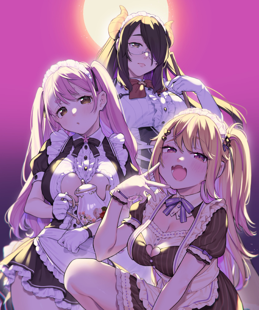 3girls, :o, aizono_manami, apron, bangs, black_dress, black_hair, blonde_hair
