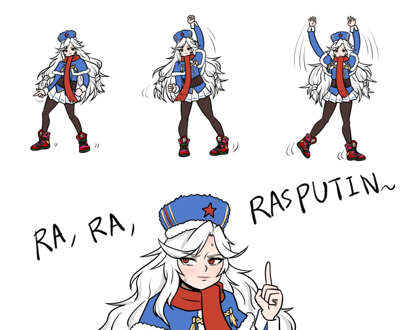 1girl, aprf, arm_up, arms_up, bangs, black_legwear, blue_capelet, blue_headwear, blue_jacket, blush, capelet, commentary_request, dancing, embarrassed, eyebrows_visible_through_hair, fur-trimmed_capelet, fur-trimmed_headwear, fur_hat, fur_trim, girls_frontline, hair_tie, hat, highres, index_finger_raised, jacket, korean_commentary, long_hair, looking_to_the_side, love_the_way_you_move_(song), makarov_(girls'_frontline), motion_lines, pantyhose, rasputin_(song), red_eyes, red_footwear, red_scarf, red_star, scarf, scene_reference, shoes, simple_background, skirt, solo, sweatdrop, tassel, ushanka, white_background, white_hair, white_skirt