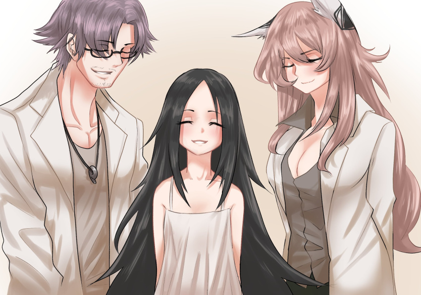 1boy, 2girls, animal_ears, arms_behind_back, bangs, black-framed_eyewear, black_hair, cat_ears
