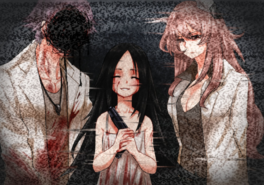 1boy, 2girls, animal_ears, arms_behind_back, bangs, black_background, black_hair, blood
