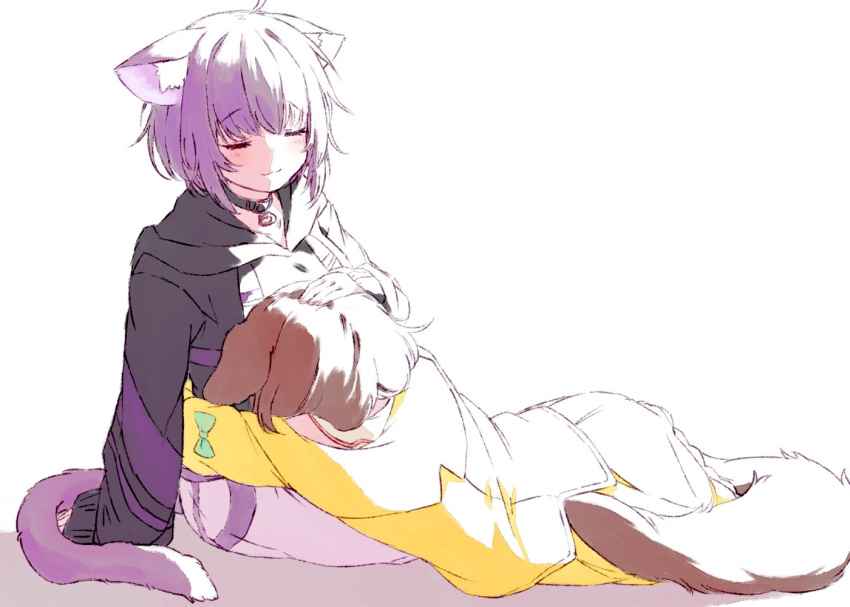 2girls, animal_ears, bangs, black_collar, black_hoodie, blush, brown_hair, cat_ears