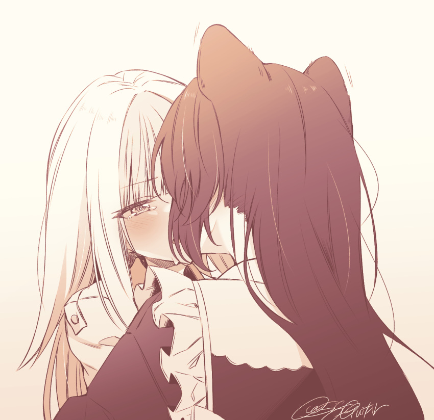 2girls, animal_ears, apron, blush, dog_ears, dog_girl, gradient, gradient_background