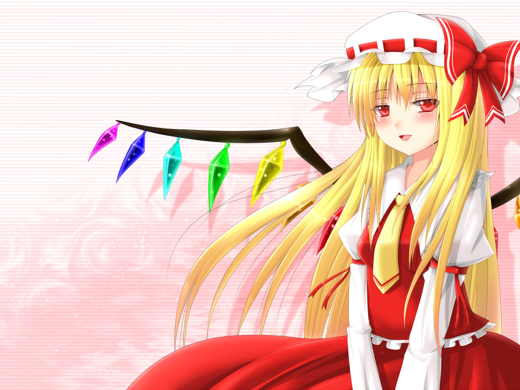 adult, alternate_hairstyle, blonde_hair, blush, dotera, dotera-otoko, flandre_scarlet, hat