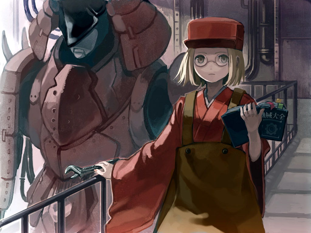 apron, blonde_hair, book, bookmark, eihi, glasses, mecha, pixiv