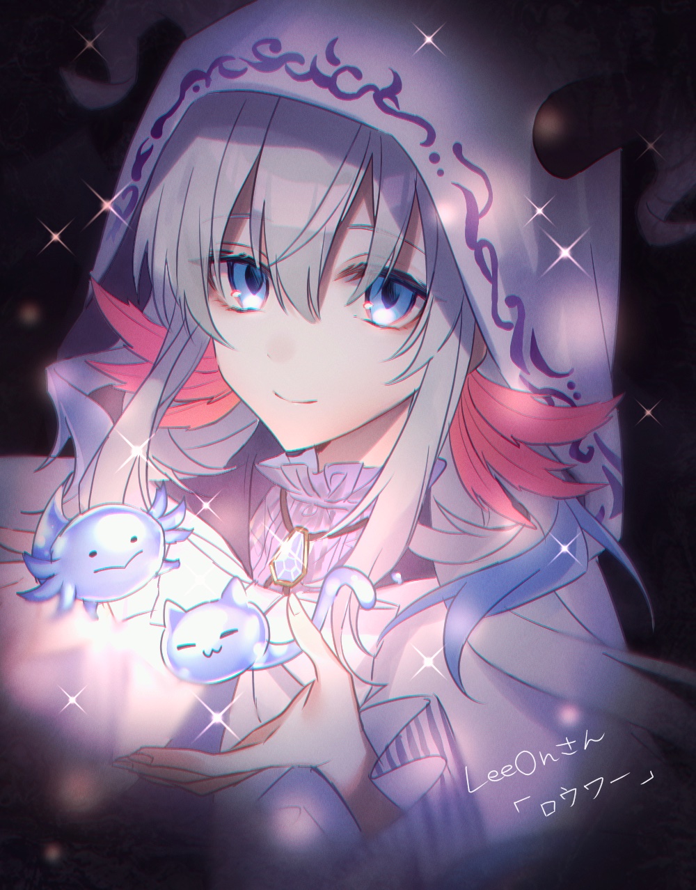 1girl, axolotl_girl, bangs, blue_eyes, character_name, frilled_shirt, frills, grey_hair