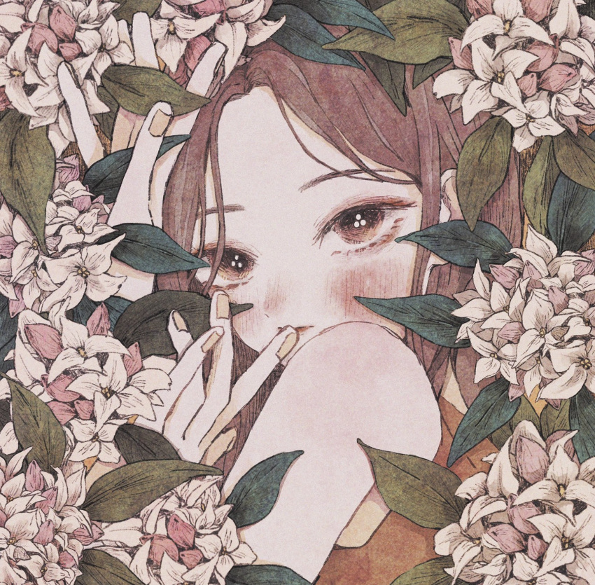 1girl, animification, bangs, brown_eyes, brown_hair, english_commentary, eyeshadow, flower