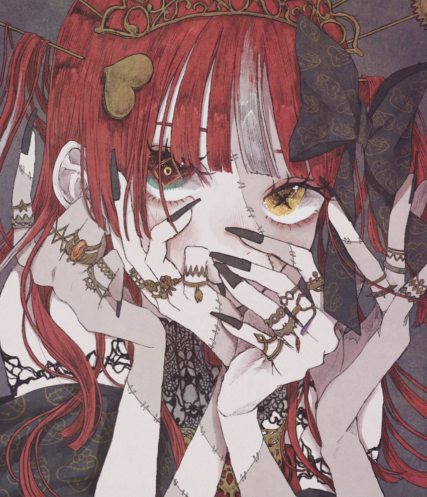 1girl, black_bow, black_nails, blush, bow, colored_skin, commission, extra_arms, grey_skin, hair_behind_ear, hair_bow, hair_ornament, hands_on_own_face, head_tilt, heart, heart_hair_ornament, heterochromia, highres, hololive, hololive_indonesia, kureiji_ollie, long_hair, mayu_(mamayu_512), patchwork_skin, red_eyes, redhead, skeb_commission, solo, tiara, two_side_up, virtual_youtuber, yellow_eyes, zombie