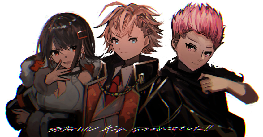 1girl, 2boys, absurdres, bangs, black_hair, black_jacket, blonde_hair, breasts